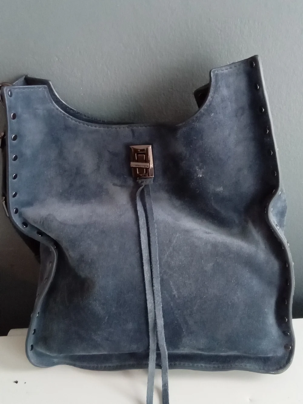 Rebecca Minkoff‎ Navy Blue Suede Studded Hobo Crossbody Bag with Guitar Strap